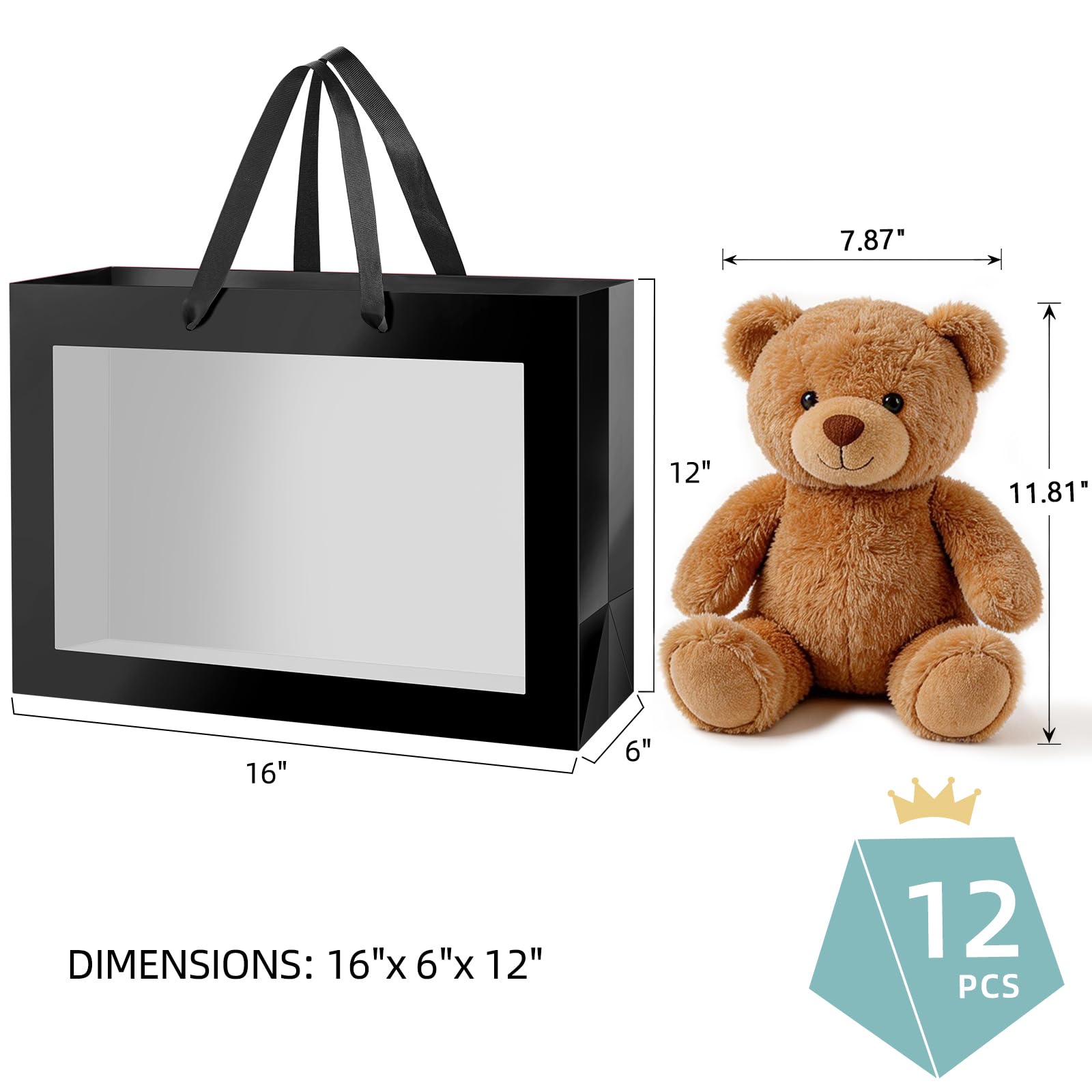 PACKQUEEN 12 czarnych torebek prezentowych z przezroczystym okienkiem, bardzo duże torebki na prezenty z uchwytami, na ślub, ukończenie szkoły, walentynki, Dzień Matki, festiwale, przyjęcie, prezent