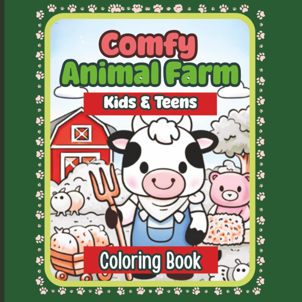 This Coloring Book Title is "Comfy Animal Farm". Stress relieving artwork. relaxation and creative flow. Great gift idea for kids, teens.