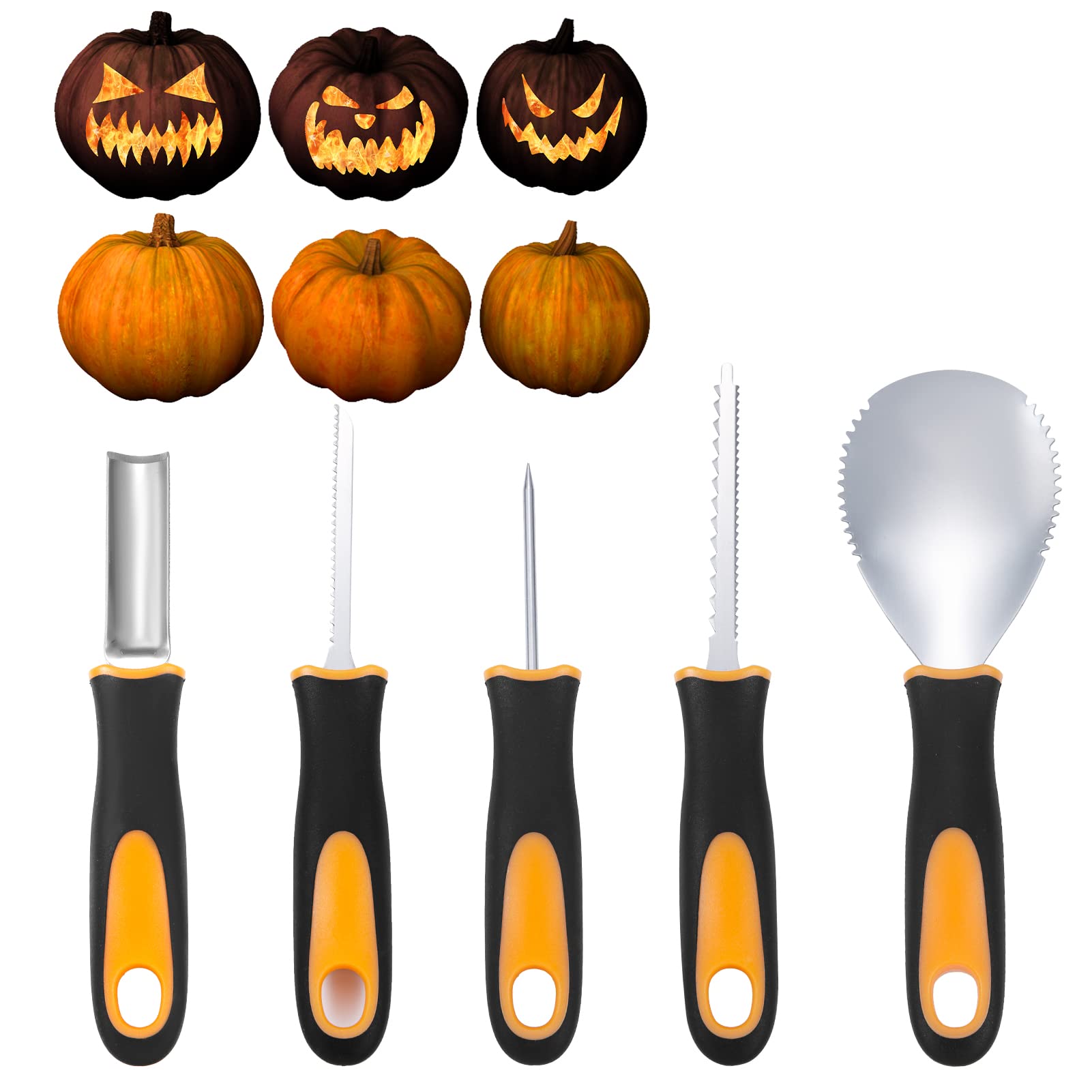 YUET Kit de talla de calabaza de Halloween, 5 piezas de herramientas profesionales de talla de acero inoxidable para decoraciones de Halloween