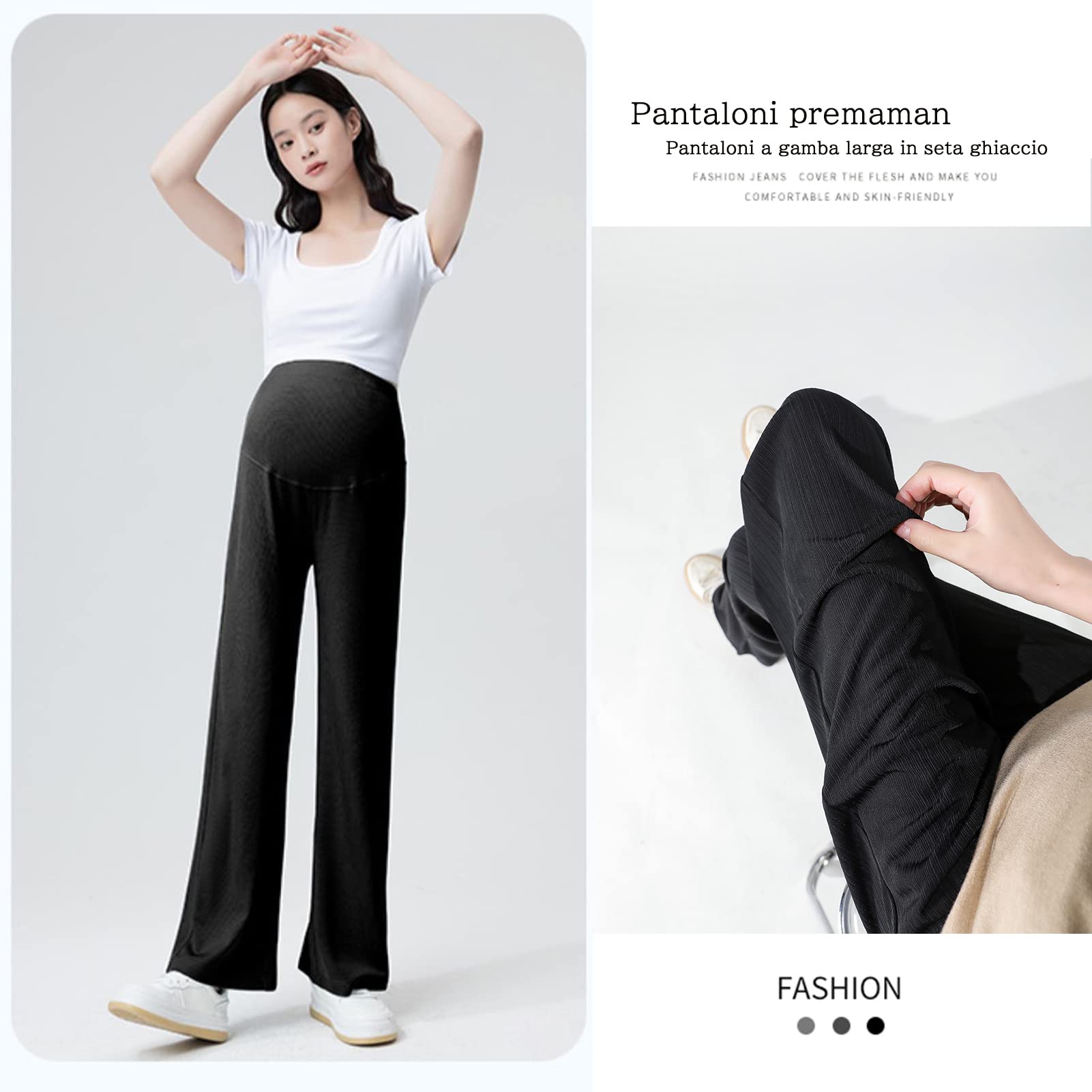Pantalones de maternidad para mujer, pierna ancha, seda de hielo, frescos, cómodos, cintura elástica, ajustable, talla grande