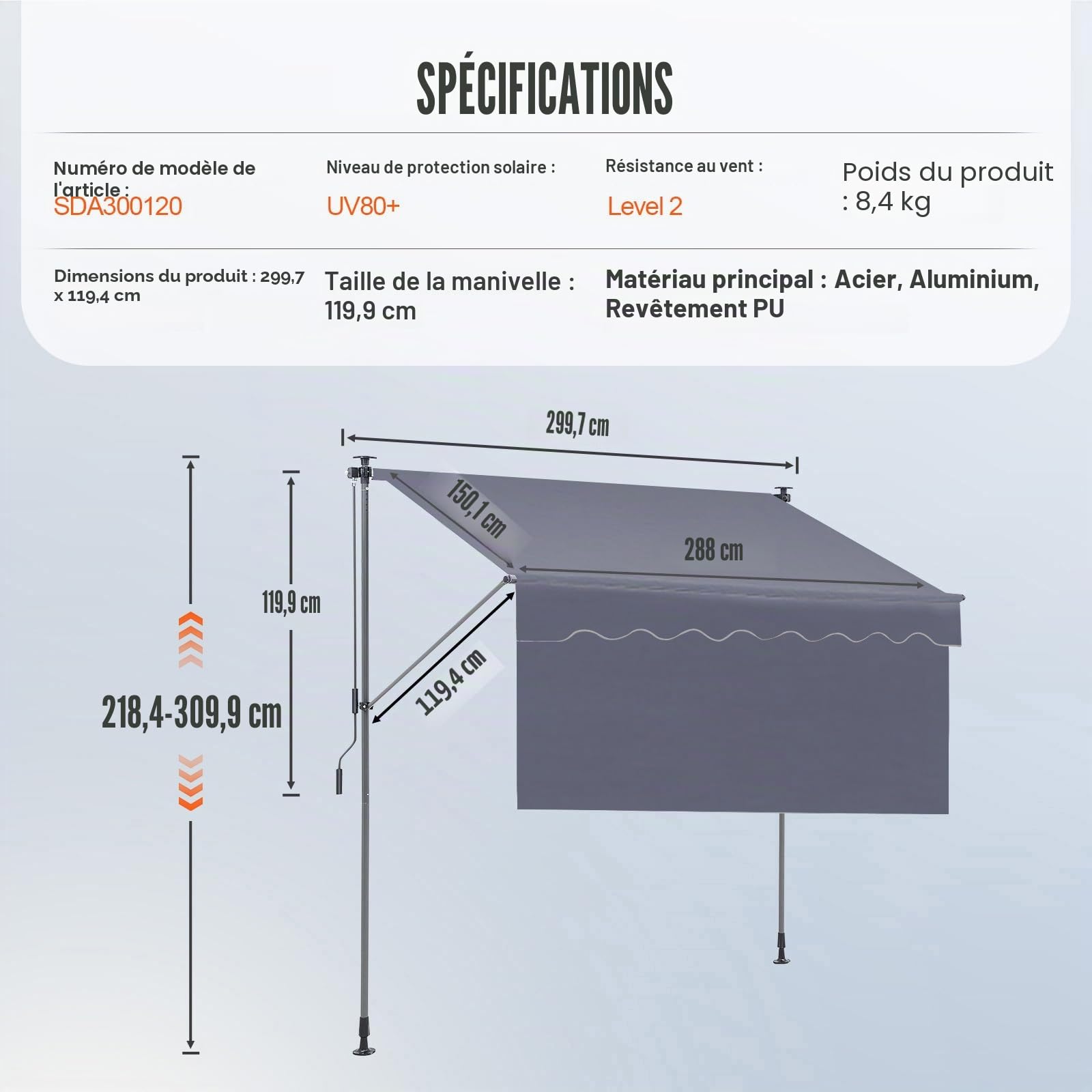 VEVOR Auvent Rétractable 3 x 1,2 m Store Banne Manuel Terrasse Extérieur Hauteur Réglable Résistant au Vent/UV Auvent avec Rideau Pare-Soleil 1 m et Manivelle pour Patio, Arrière-Cour, Jardin, Balcon