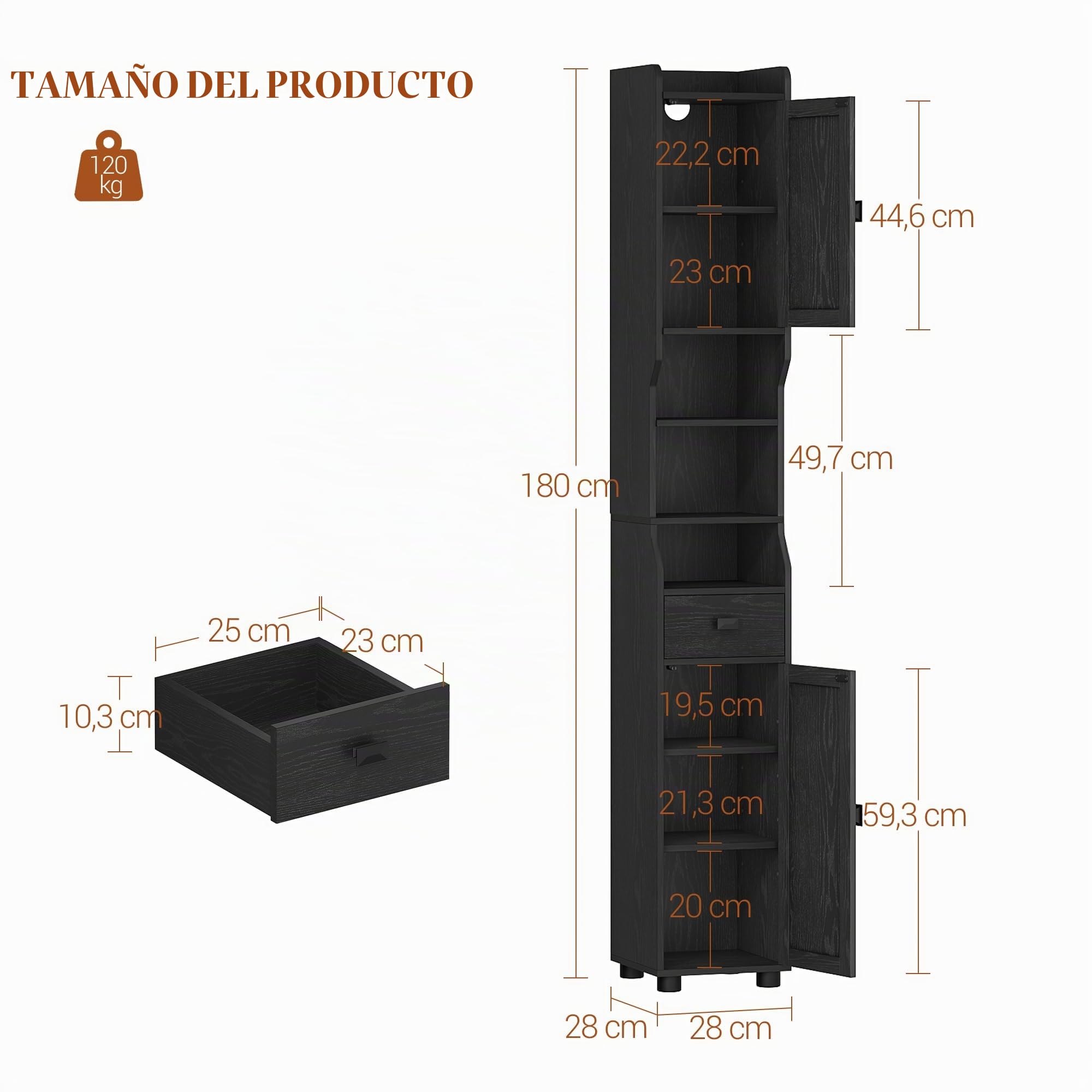 HEXCELEN Mueble de Baño Estrecho, Armario Alto de Baños con Compartimento Abierto y 2 Puertas, Estantes Ajustables, para Baño, Salón, Dormitorio, 28 x 28 x 180 cm, Negro