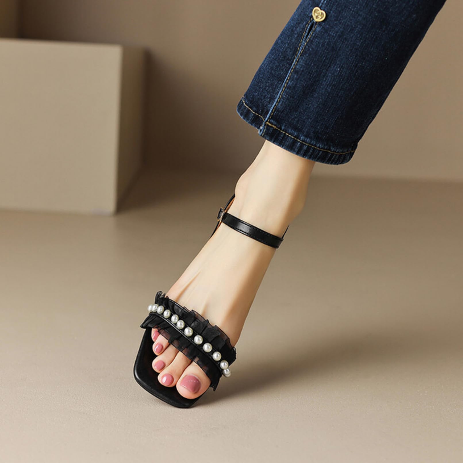 Generico Sandali Slingback Donna con Fibbia Metallica Regolabile Decorativo Perline Volant Tulle Fascia Singola Tacco Blocco Basso Calzature Estive Vita Quotidiana Ufficio Viaggi