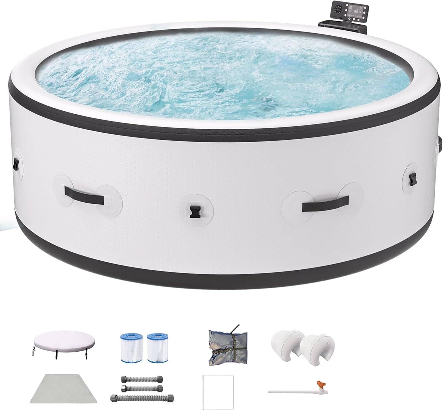 Spa Portable pour 4 À 6 Personnes, 150 Jets D’Air, Chauffage PTC Bas Niveau avec Vidange 104°F, Pompe, Filtre, PVC Étanche, Modèle Rond 81,1×27,9 Pouces
