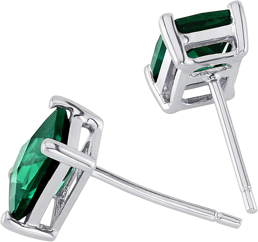 Peora Solid 14K White Gold Created Emerald Earrings for Women, Hypoallergenic Solitaire Studs, 7x5mm Radiant Cut, 1.75 Carats total, Friction Back, Dainty Green, Jewelry