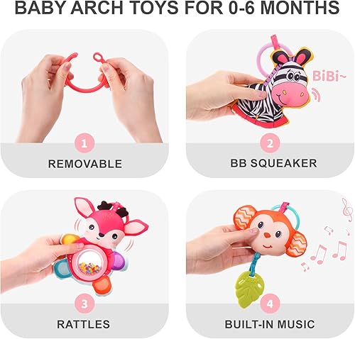 Miniatura 10 de Koty Juguete de arco de cochecito de bebé, juguetes de asiento de automóvil para bebés de 0 a 6 meses, juguete de arco de actividad con accesorios