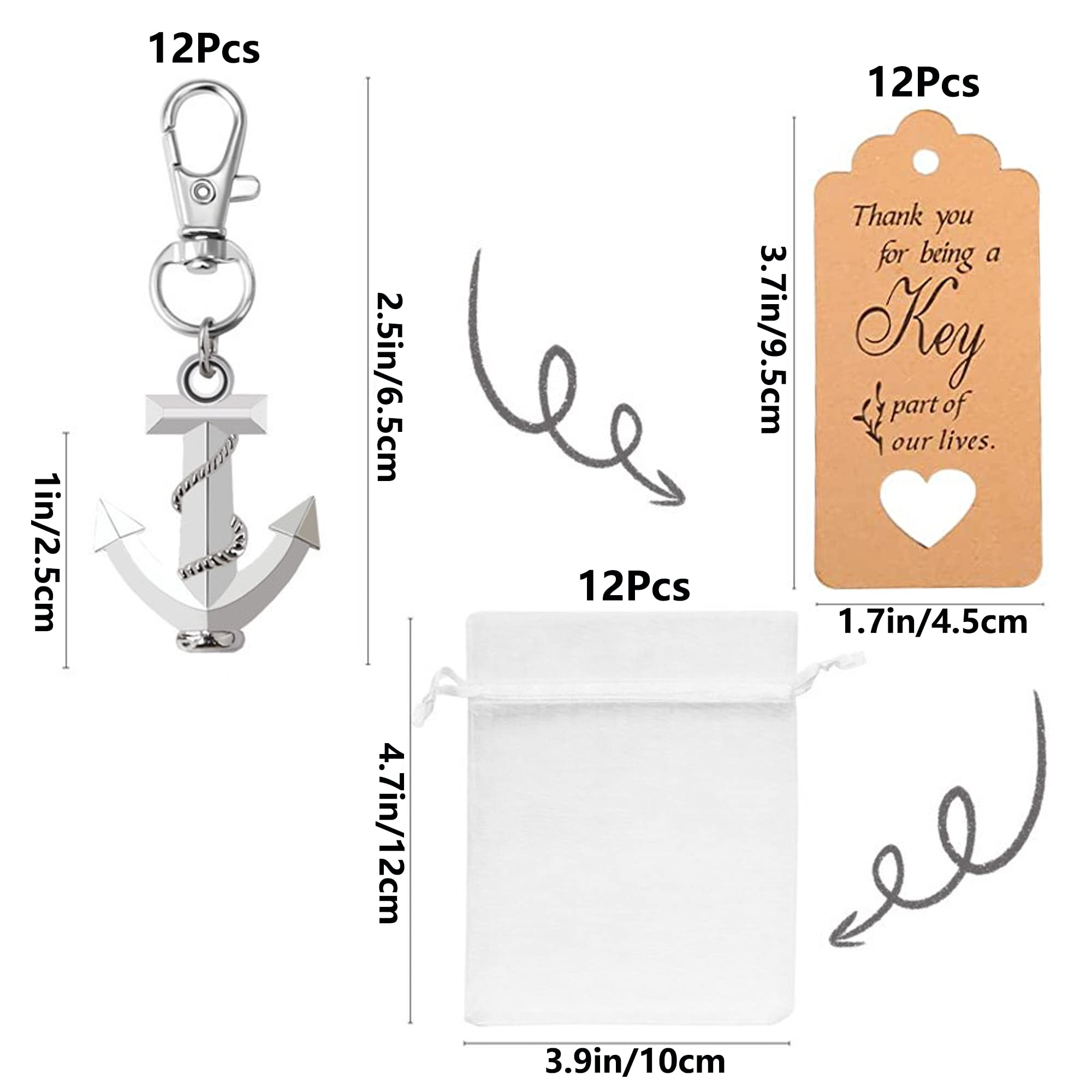Portachiavi Ciondolo Ancora 12 Pezzi Con Borsa in Organza e Etichetta Kraft Per Bomboniere Comunione, Battesimo, Regali Di Ringraziamento