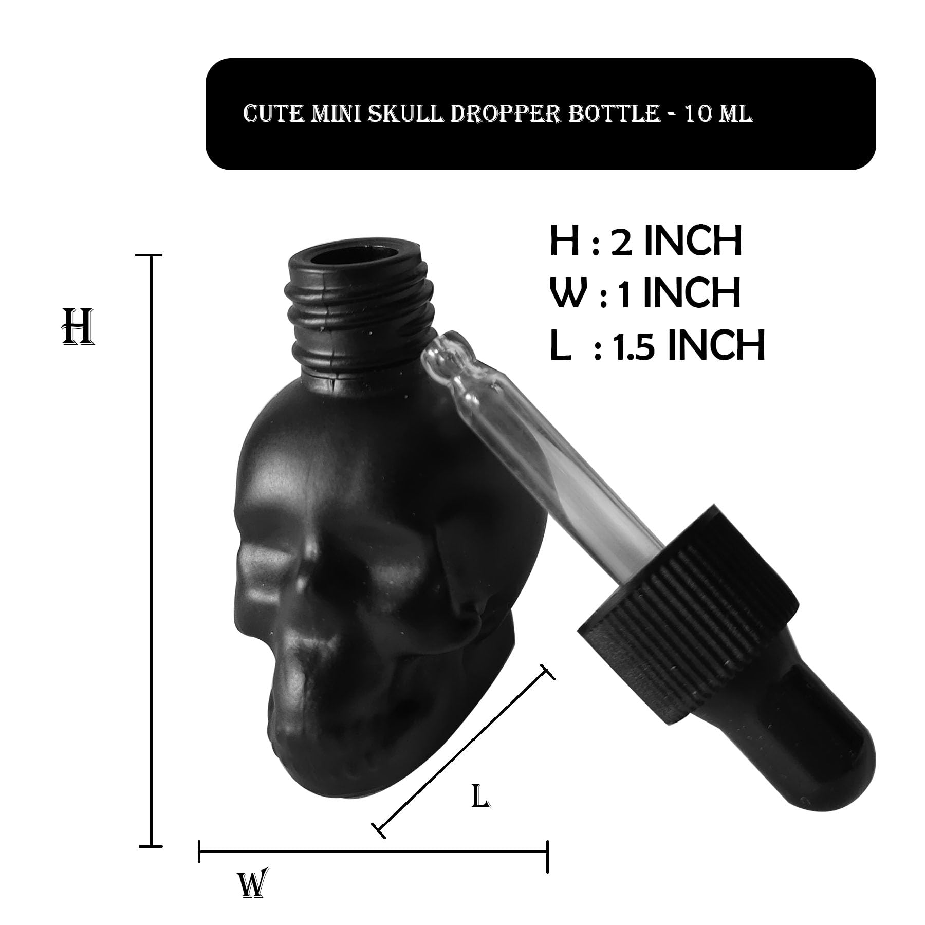 Juego de 7 botellas cuentagotas de cristal de calavera de 10 ml, a prueba de fugas, para almacenamiento y viajes (7 botellas de calavera negra)