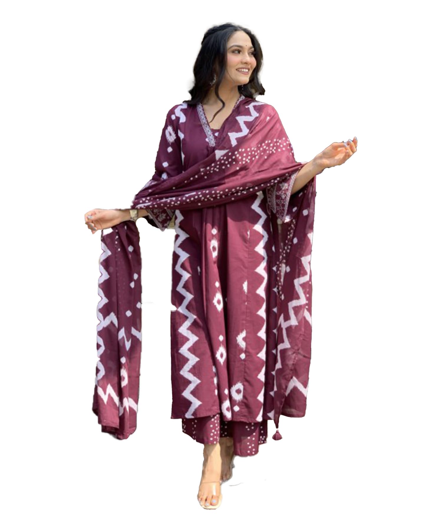 Lookmark Women's Cotton Blend Zigzag And Dotted Print Kurta Plazzo Set With Dupatta Suitable For Every Indian Occasion (Az-Lm-Og-Ks2174 Maroon-L)