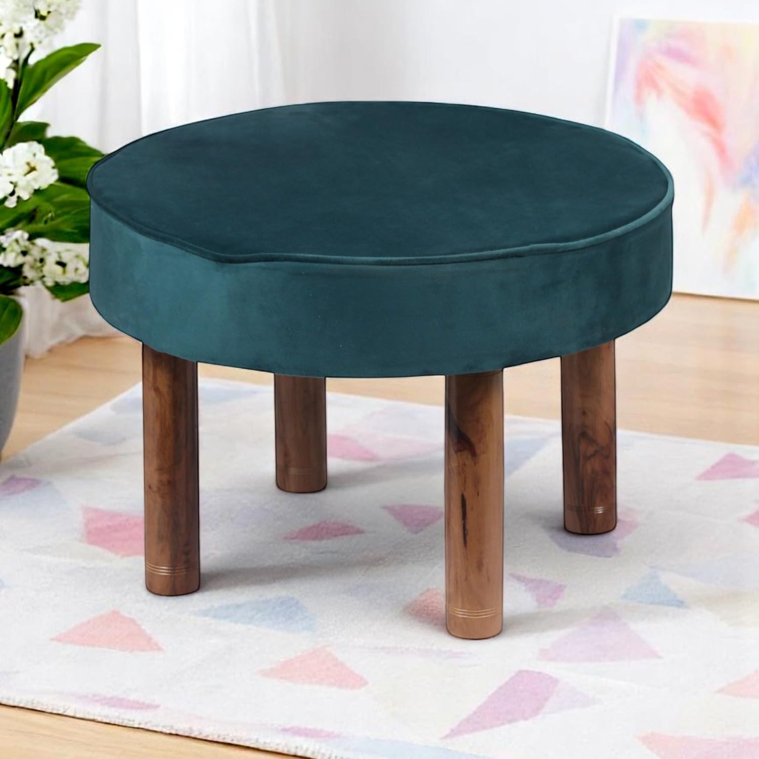 Ikiriya Stylish Sandford Acacia Wood Accent Round Pouf Stool, Turquoise Sea Velvet (24x24x16 Inches, 1 Yr Warranty)-image-13