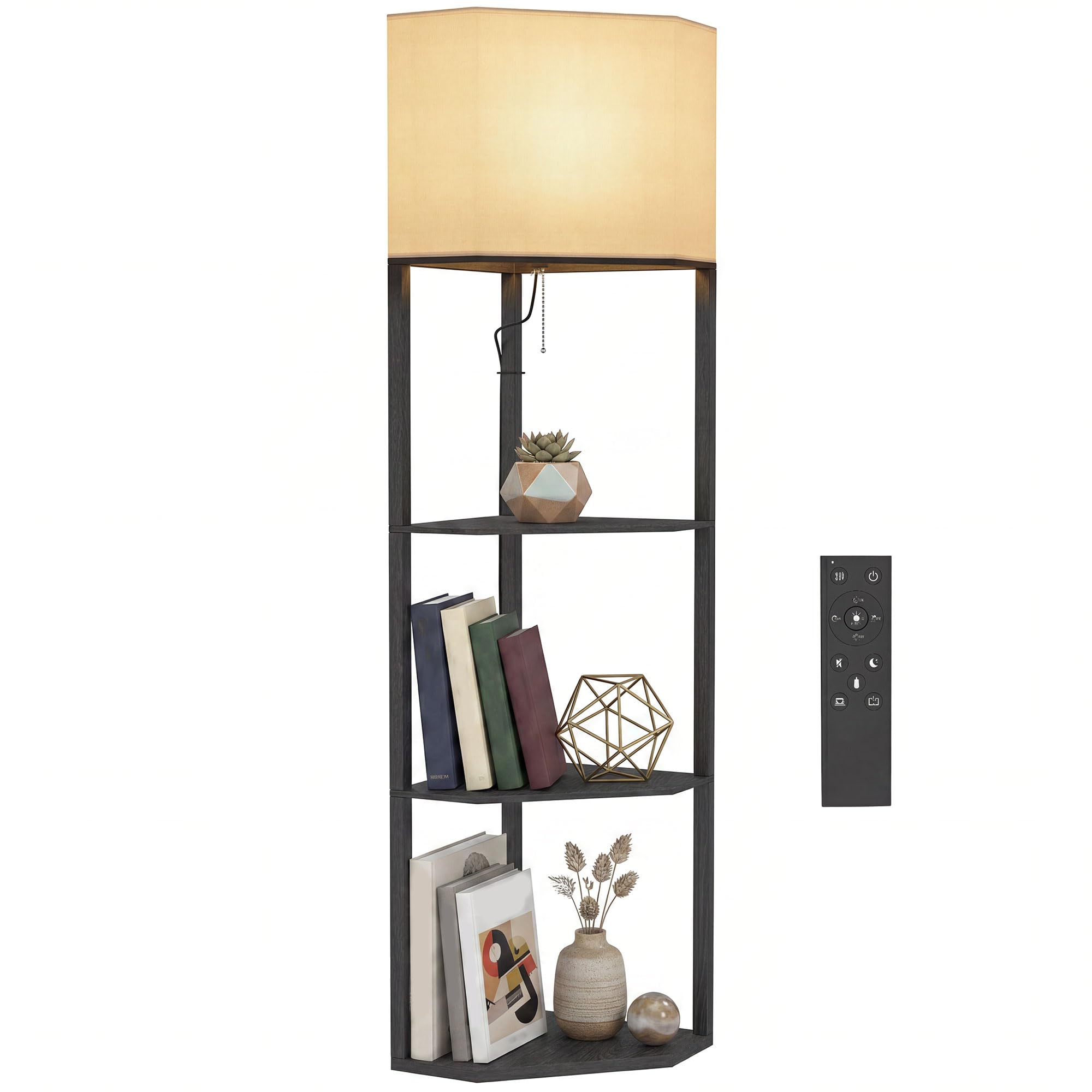 HOMCOM Corner Floor Lamp with Shelves and Lights, Modern Tall Dimmable Standing Lamp with 3000K/4000K/6000K Colour Temperature, Chain Switch & Remote Control for Living Room, Bedroom, Black