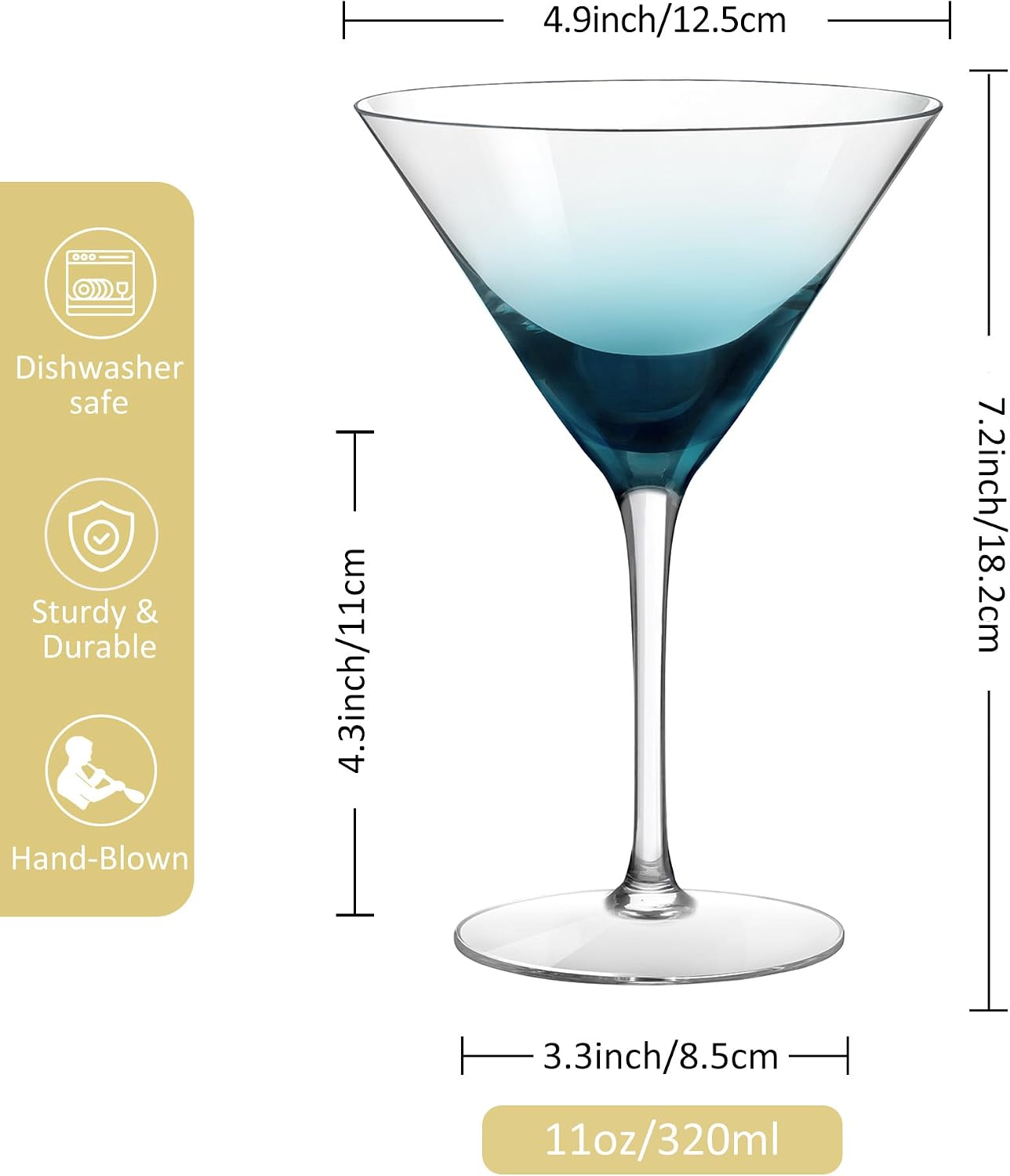 Joeyan Blue Ombre Martini Glasses Set of 2, 11oz Hand Blown Large Crystal Cocktail Glasses, Dishwasher Safe Martini Cup for Bar Manhattan Gin Tequila Gift for Birthday Housewarming Wedding Christmas