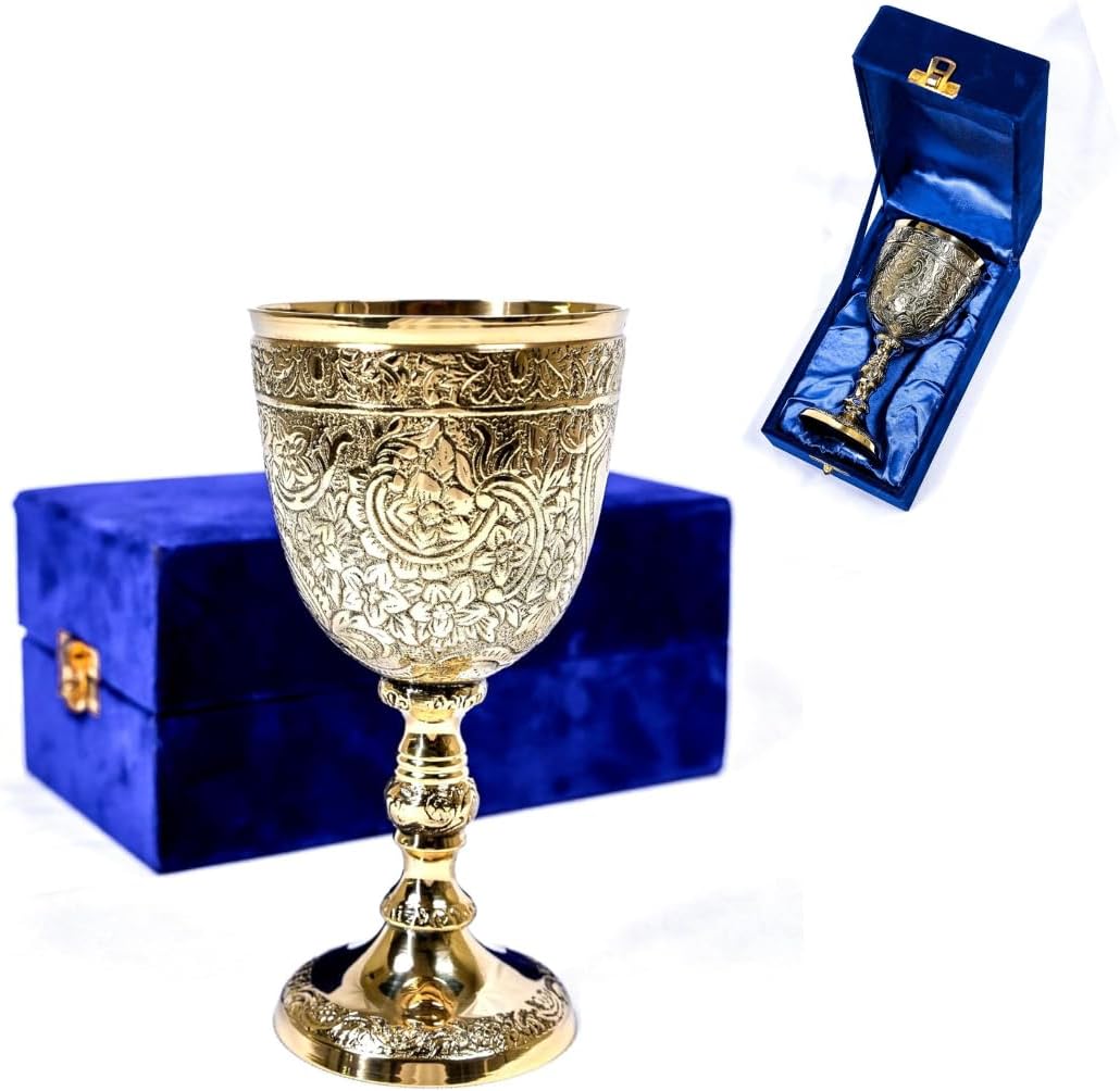 Brass Wine Goblet, Gold, Intricate Floral Engraved Chalice, Medieval Style, Food Safe, with Blue Velvet Gift Box