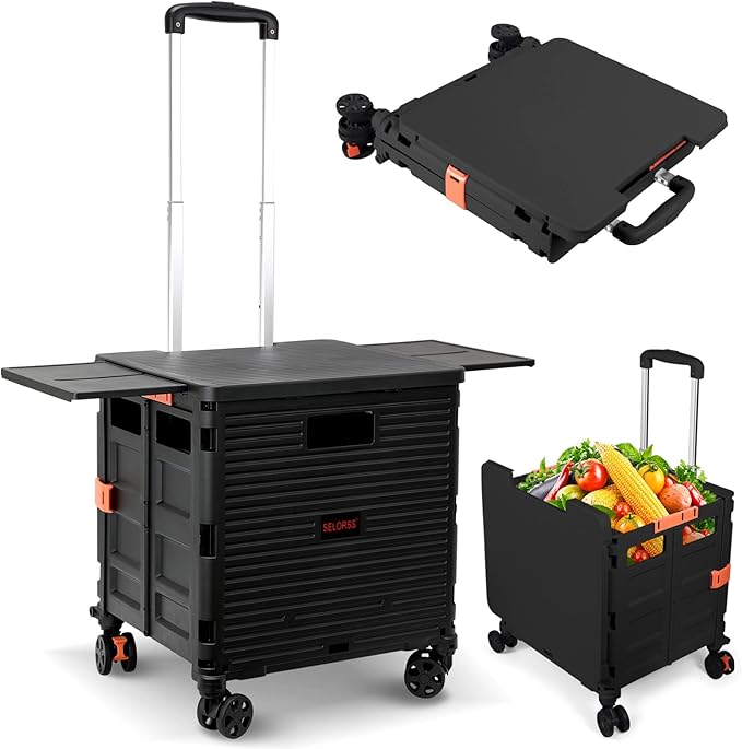 Foldable Utility Cart Portable Crate Rolling Dolly With Telescopic Handle,Can Be Pulled Diagonally, Magnetic Retractable