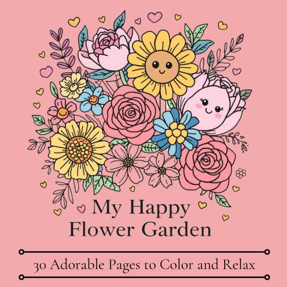 My Happy Flower Garden: Kawaii Flowers Coloring Book: Simple and Easy Adorable Floral Designs for Kids, Teens, and Adults Relaxation