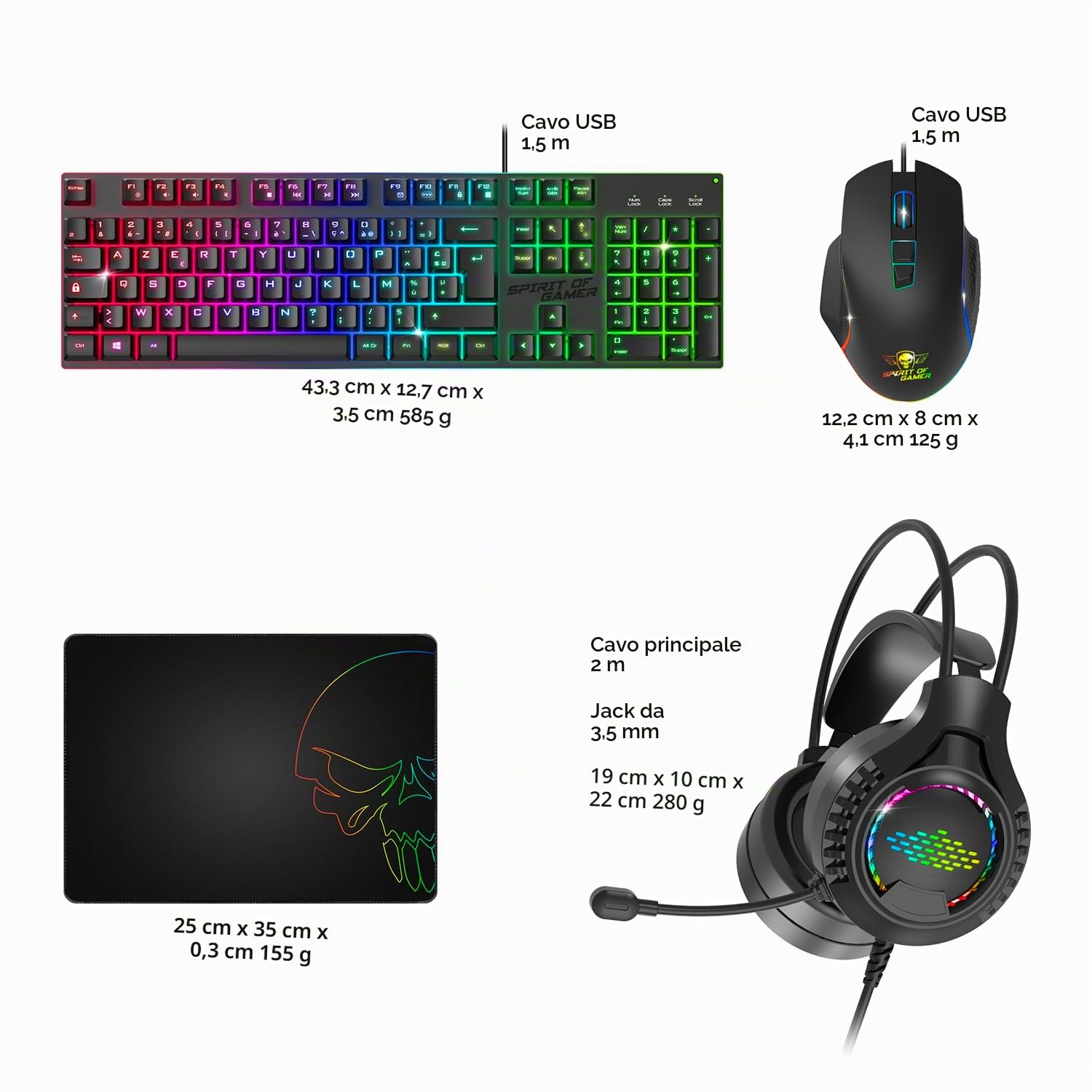 Spirit of Gamer - Ultimate 100, Pack Tastiera Mouse Gamer 4in 1 cablata RGB, Cuffie Gaming & Tappetino in tessuto, Tastiera semi-Meccanica AZERTY FR, 6 Tasti Anti-Ghosting, Mouse Gamer 7 Pulsanti 8000