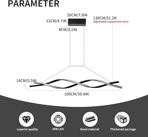 Miniatura 5 de Becailyer Lámpara colgante LED moderna, lámpara lineal regulable de 30 W con control remoto, 39 pulgadas, accesorios de iluminación de isla colgante