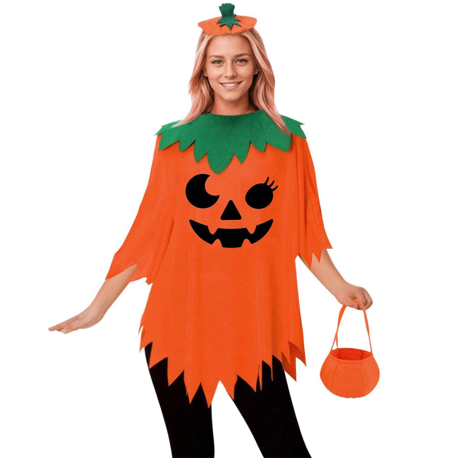 Halloween Costumes for Women Adult, 3 Pcs Pumpkin Costume Womens, Pumpkin Cape Poncho, Headband and Candy Bag, Ladies Fancy Dress Up Outfit Set, Scary Outfits, Cosplay Accessaries