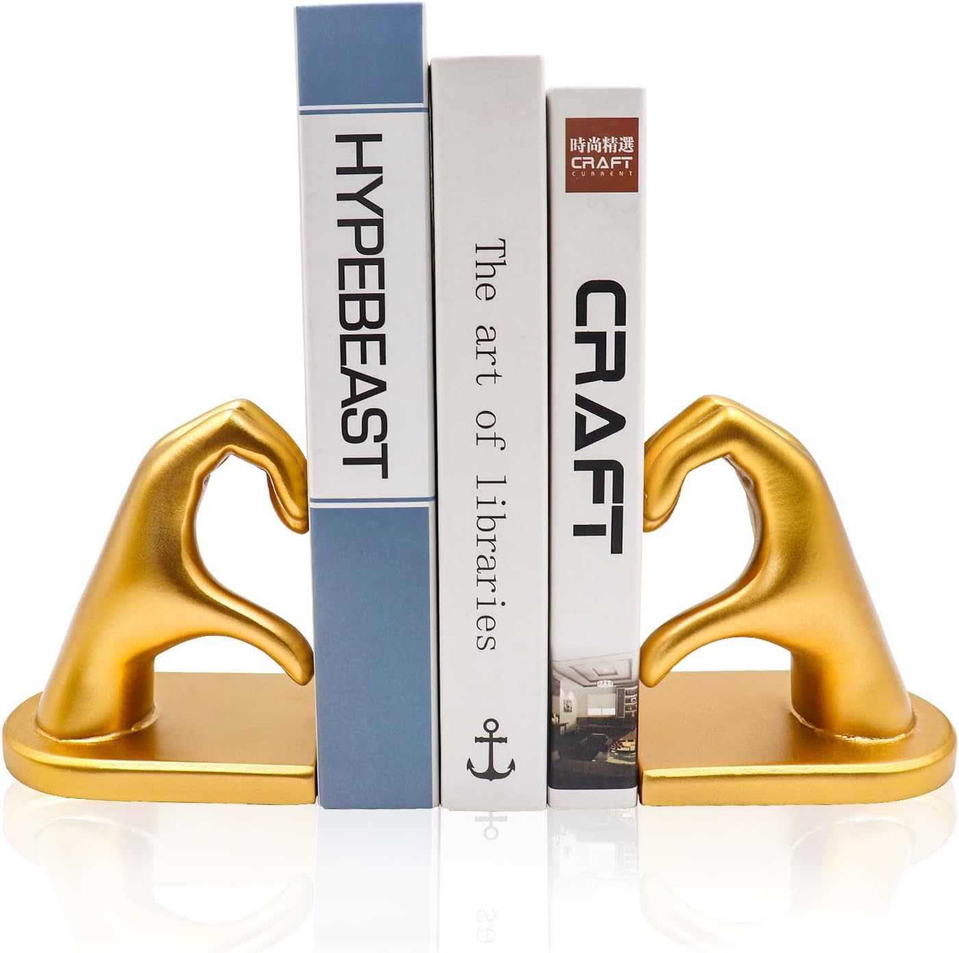 Gold Heart Hands Bookends, Resin Golden Modern Abstract Love Finger Decorative Bookends for Shelves, Book Holders, Decor for Shelves Study Office Desk Bedroom Table 9.8 × 3.7 × 5.5 Inch