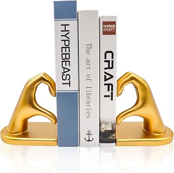 Gold Heart Hands Bookends, Resin Golden Modern Abstract Love Finger Decorative Bookends for Shelves, Book Holders, Decor for Shelves Study Office Desk Bedroom Table 9.8 3.7 5.5 Inch