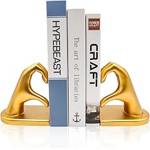 Gold Heart Hands Bookends, Resin Golden Modern Abstract Love Finger Decorative Bookends for Shelves, Book Holders, Decor for Shelves Study Office Desk Bedroom Table 9.8 3.7 5.5 Inch