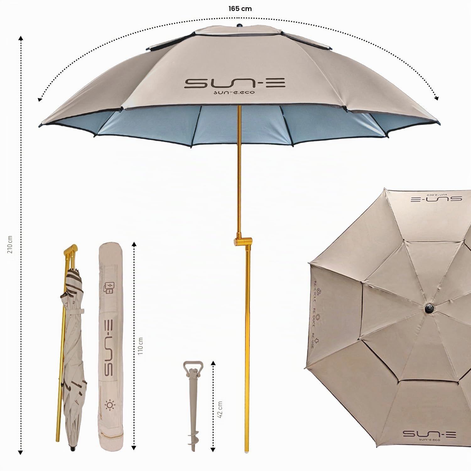 PERLETTI Parasol Plage Jardin Anti UV 50+ - Ombrelle Portable Pliable Protection Résistant au Vent pour Extérieur Vacances Terrasse - Parasol avec Étui et Bandoulière Tarière - Diamètre 165 cm