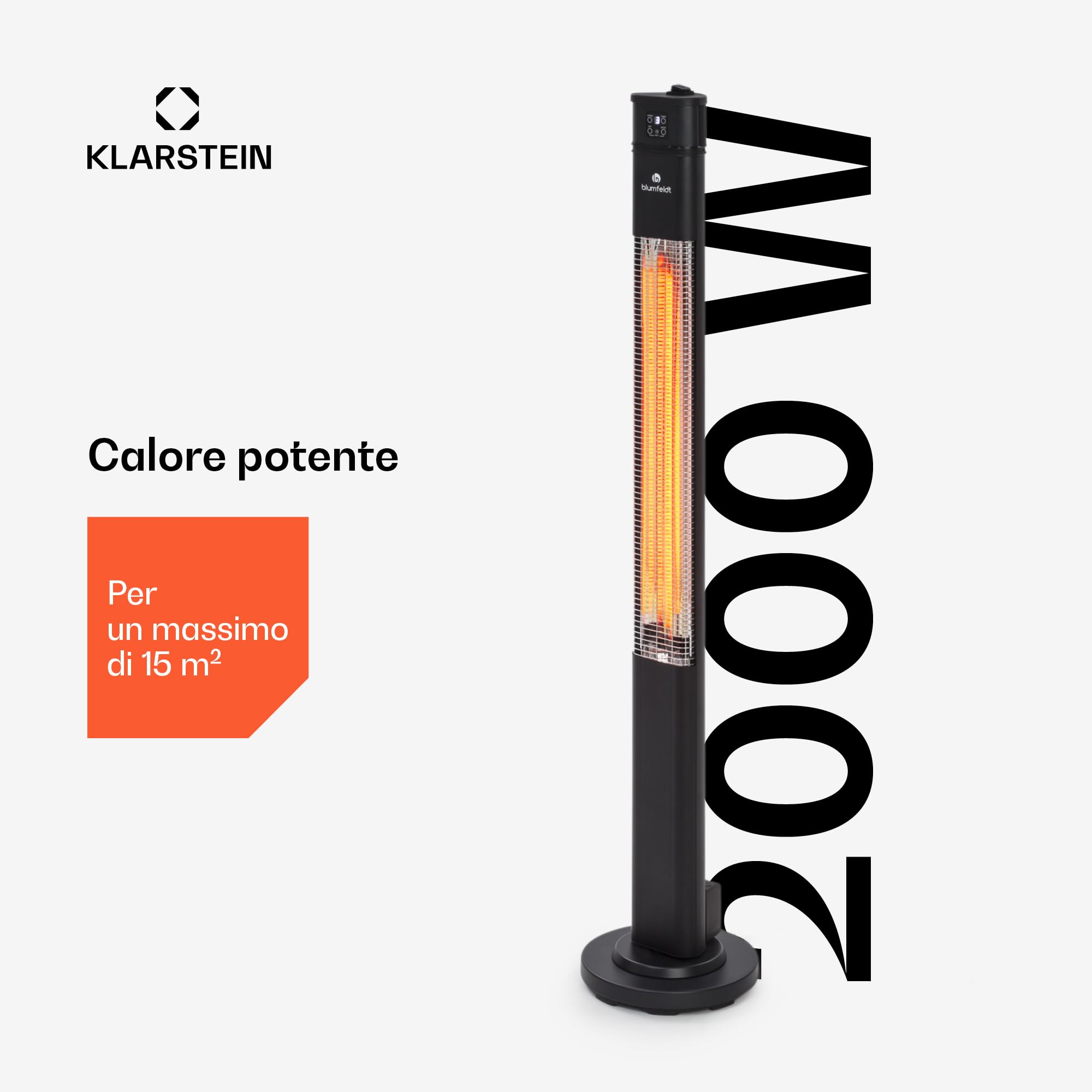 Klarstein Stufa Elettrica Basso Consumo, Colonnina Elettrica per Interno ed Esterno 2000W, Termosifone Elettrico, Pannello Radiante Infrarossi, Stufetta Con Oscillazione, IP44, No CO2