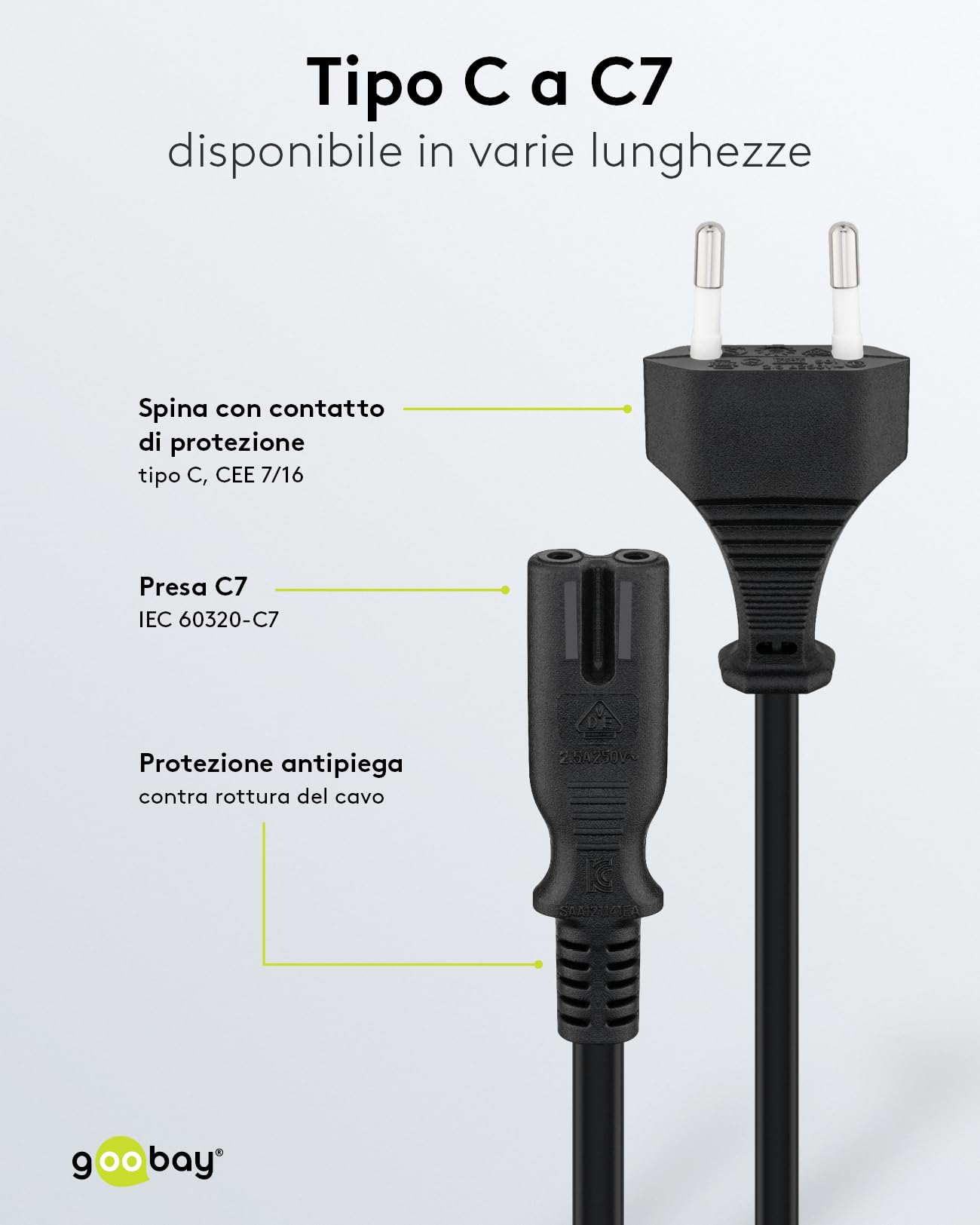 LINK, 95038, CAVO ALIMENTAZIONE CON SPINA ITALIANA BIPOLARE 10A - PRESA 8 FORM DIRITTA FEMMINA C7 MT.3