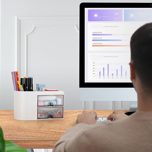 Miniatura 5 de LETURE Organizador de escritorio de suministros de oficina con soporte para lápices y cajón para accesorios de escritorio, tarjeta