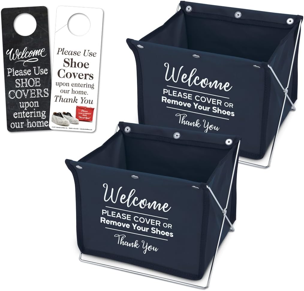 Mediz Foldable Shoe Cover Holder and Single Door Hanger with Designs on Front and Back - Please Use Shoe Covers (Blue - 2 Pack)