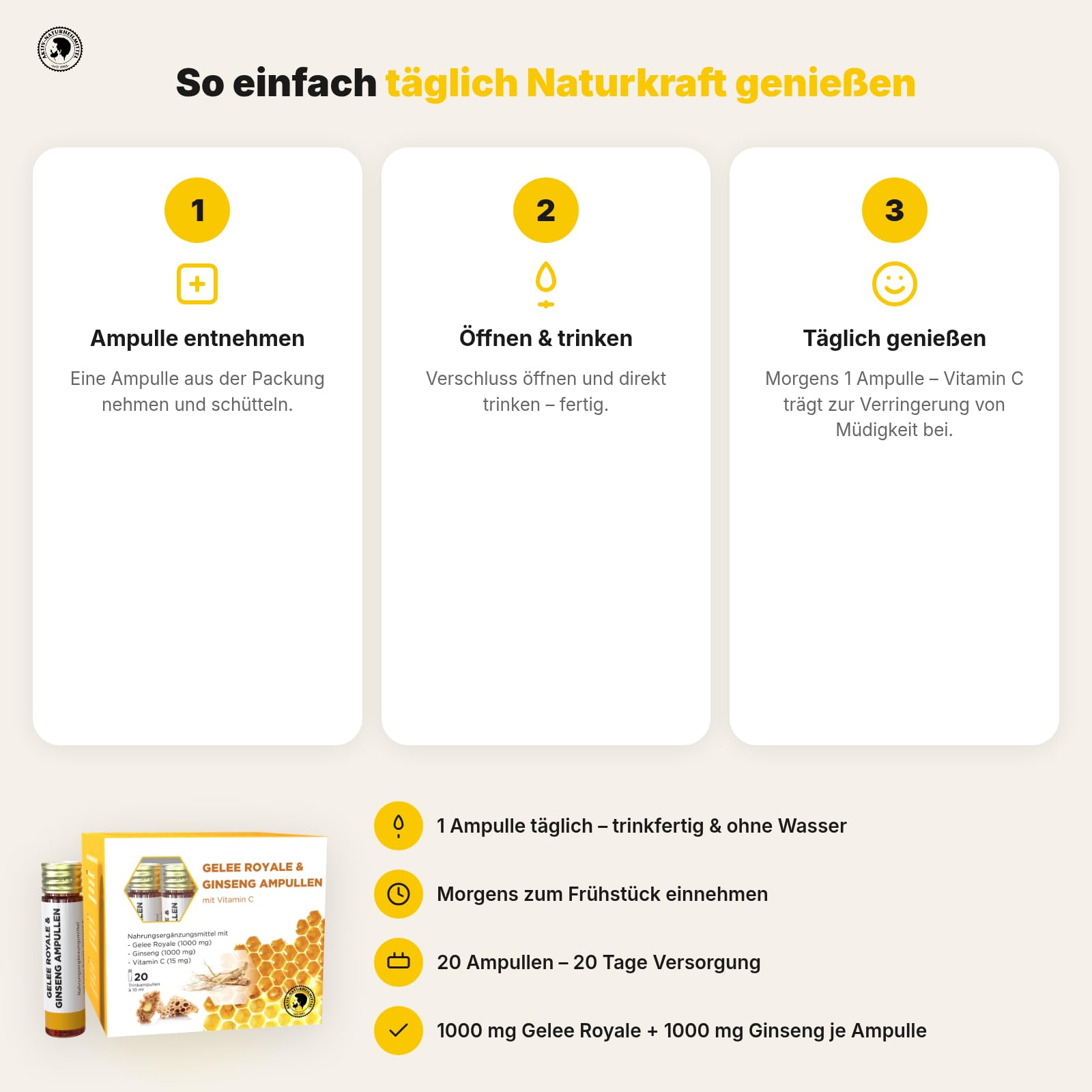 AKTIV NATURHEILMITTEL Gelee Royale & Ginseng Trinkampullen, 20 Stück | je 1000mg Gelee Royale, 1000mg Ginseng (Panax), mit Vitamin C, Familienunternehmen seit 1993