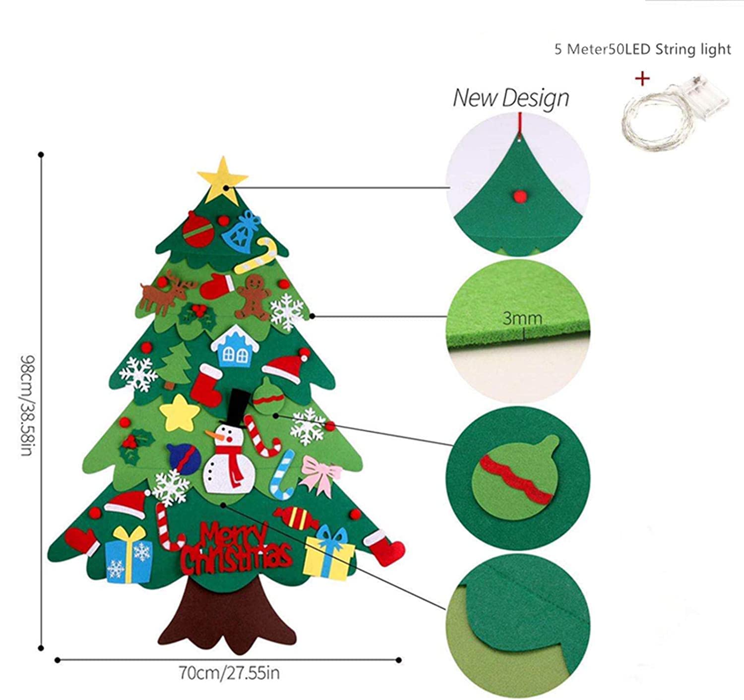 Feutre Arbre De Noël, 95CM Sapin De Noël Décoration Vitrine DIY Feutre