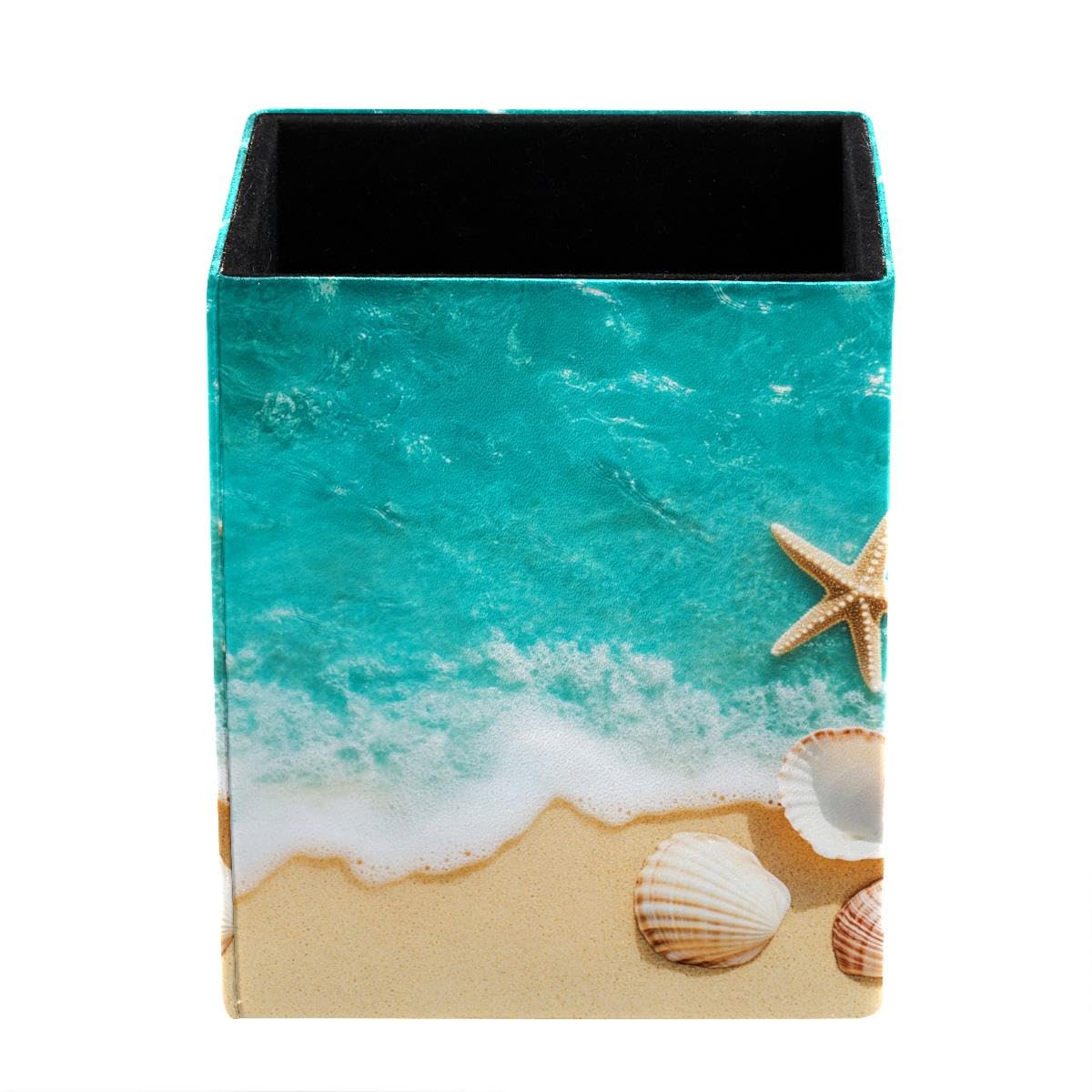 Beach Starfish Seashells Pen Holder Pen Pot, Square Pencil Cup for Desk