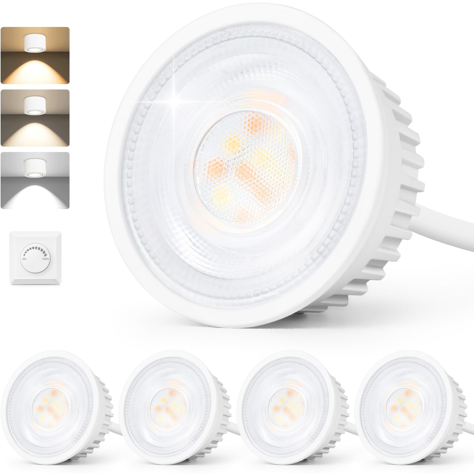 GeyouLux LED Module 230V Ultra Flat ø50x23mm for Recessed Spotlights-Mounted Spotlights - 5W 500LM IP44 38° Beam Angle Warm Natural Cool White Dimmable - Replacement MR16/GU10 Light Bulbs - 4er Set
