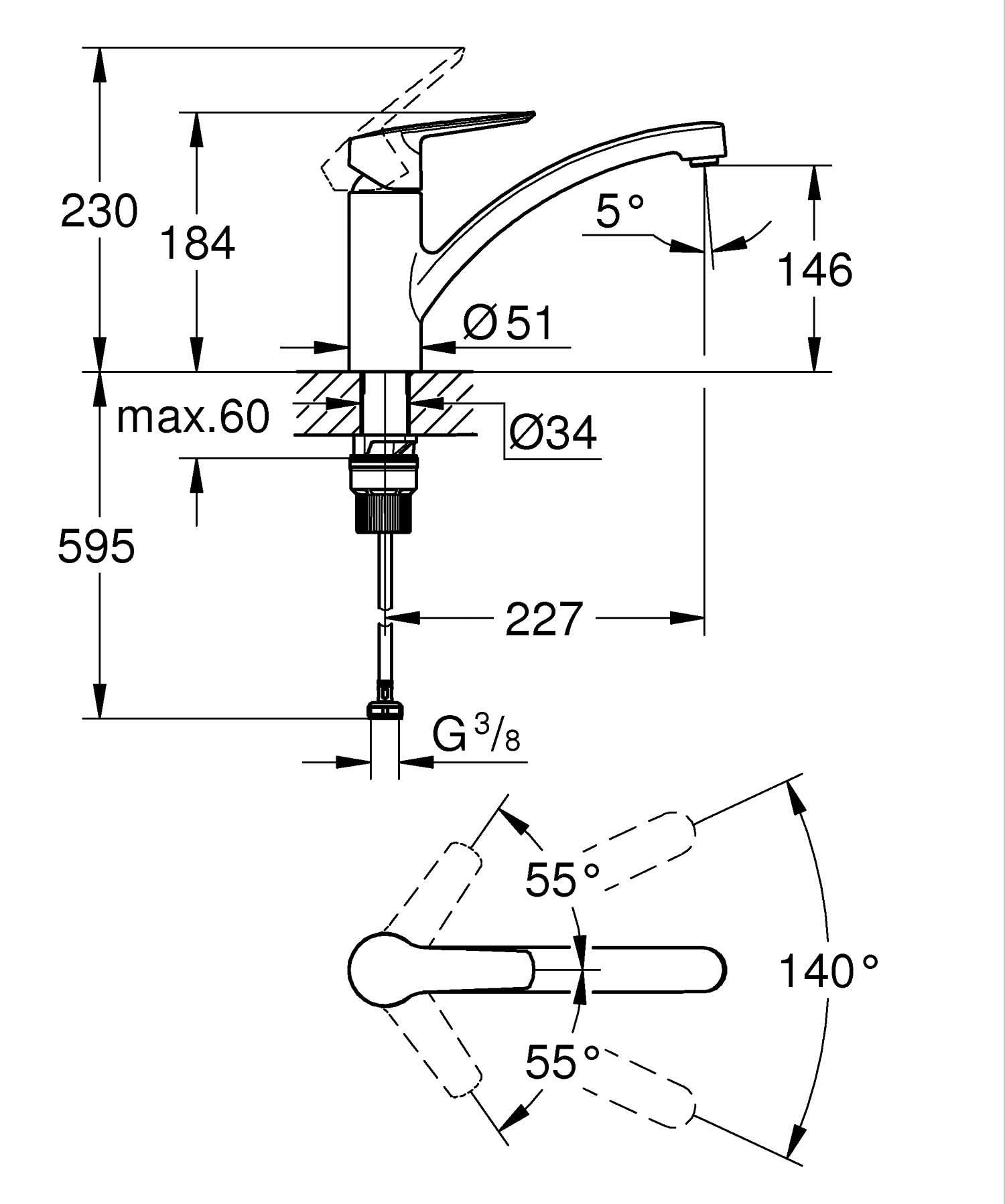 GROHE Start Mitigeur Monocommande Evier, Robinet de Cuisine (Bec Bas, Rotation 140°, Installation Facile avec GROHE QuickMount), Taille 184 mm, Noir Mat, 305302432