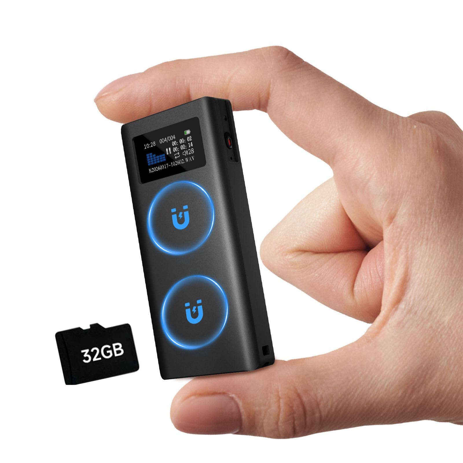 32GB Enregistreur Vocal Magnétique avec Autonomie 350h, Extension Carte TF, Lecture Haut-Parleur et Enregistrement en Un Clic, Appareil Portable USB‑C Reconnaissance Vocale