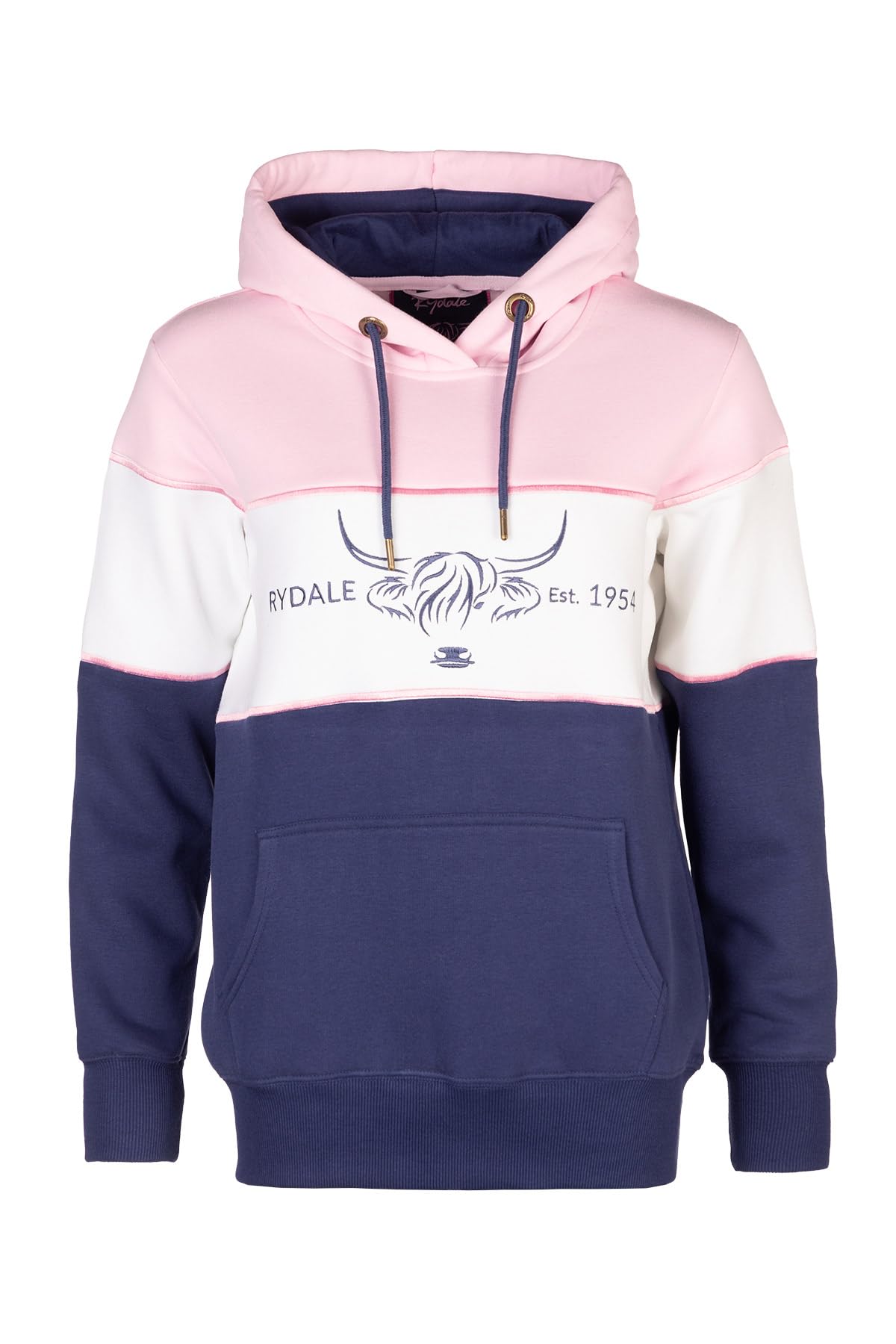 Rydale Ladies Overhead Country Hoody Highland Cow Embroidery Women's Jumper (UK, Numeric, 10, Regular, Regular, Cow Denim/White/Sorbet)