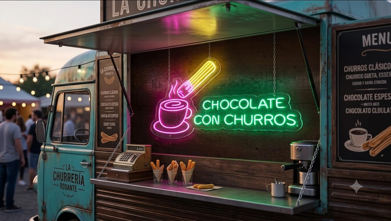 Letrero chocolate con churros Cartel Luminoso LED Escaparate, Decoración de Pared en Metacrilato, Luz Brillante, aproximadamente 75cm x 40cm alimentación 12v