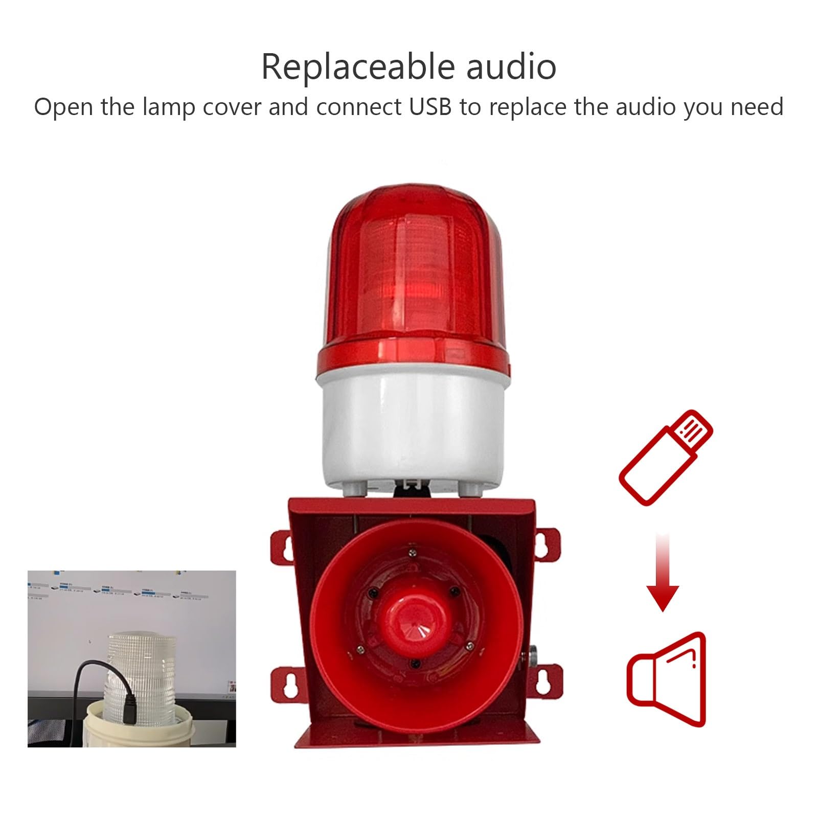 Alarma Industrial con Siren, Luz Estroboscópica de Seguridad LED de Advertencia Siren Policia for Alarma de Emergencia y Seguridad del Hogar, Volumen Ajustable y Cambio de Audio