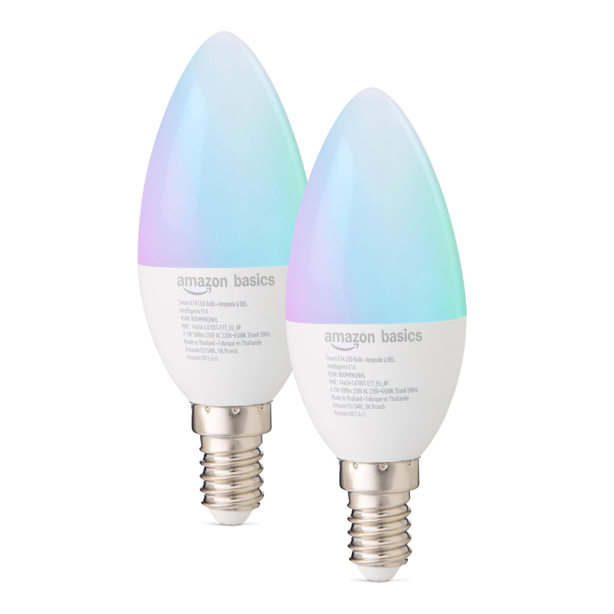 Amazon Basics Intelligente E14-Leuchtmittel, 2,4-GHz-WLAN: kein Hub erforderlich, funktioniert nur mit Alexa, Farbwechsel, 2 Stück