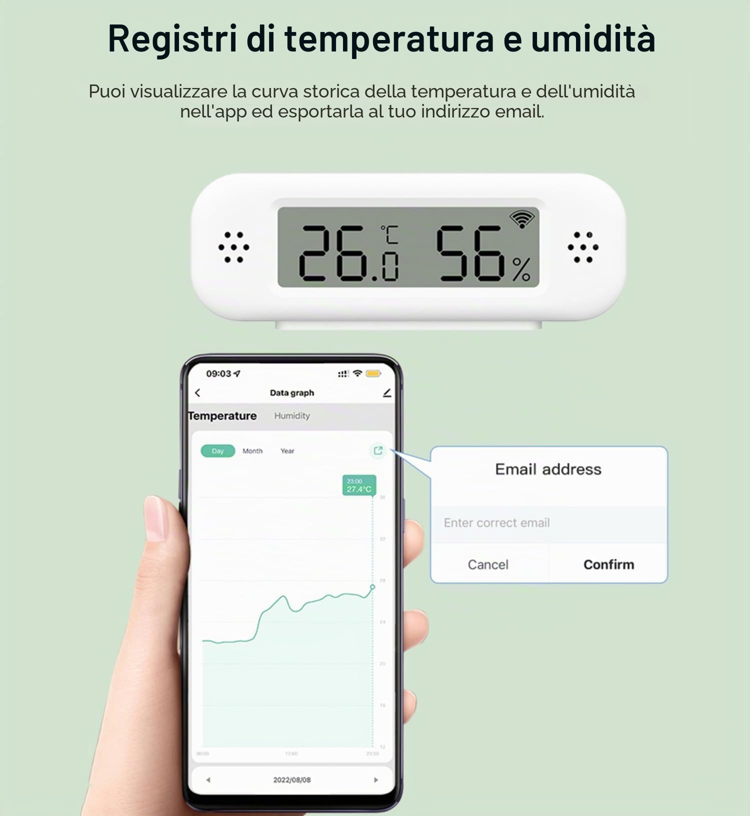 Termoigrometro WLAN: sensore intelligente di temperatura e umidità, monitoraggio in tempo reale, notifica tramite app, sensore di temperatura digitale interno, compatibile con Alexa