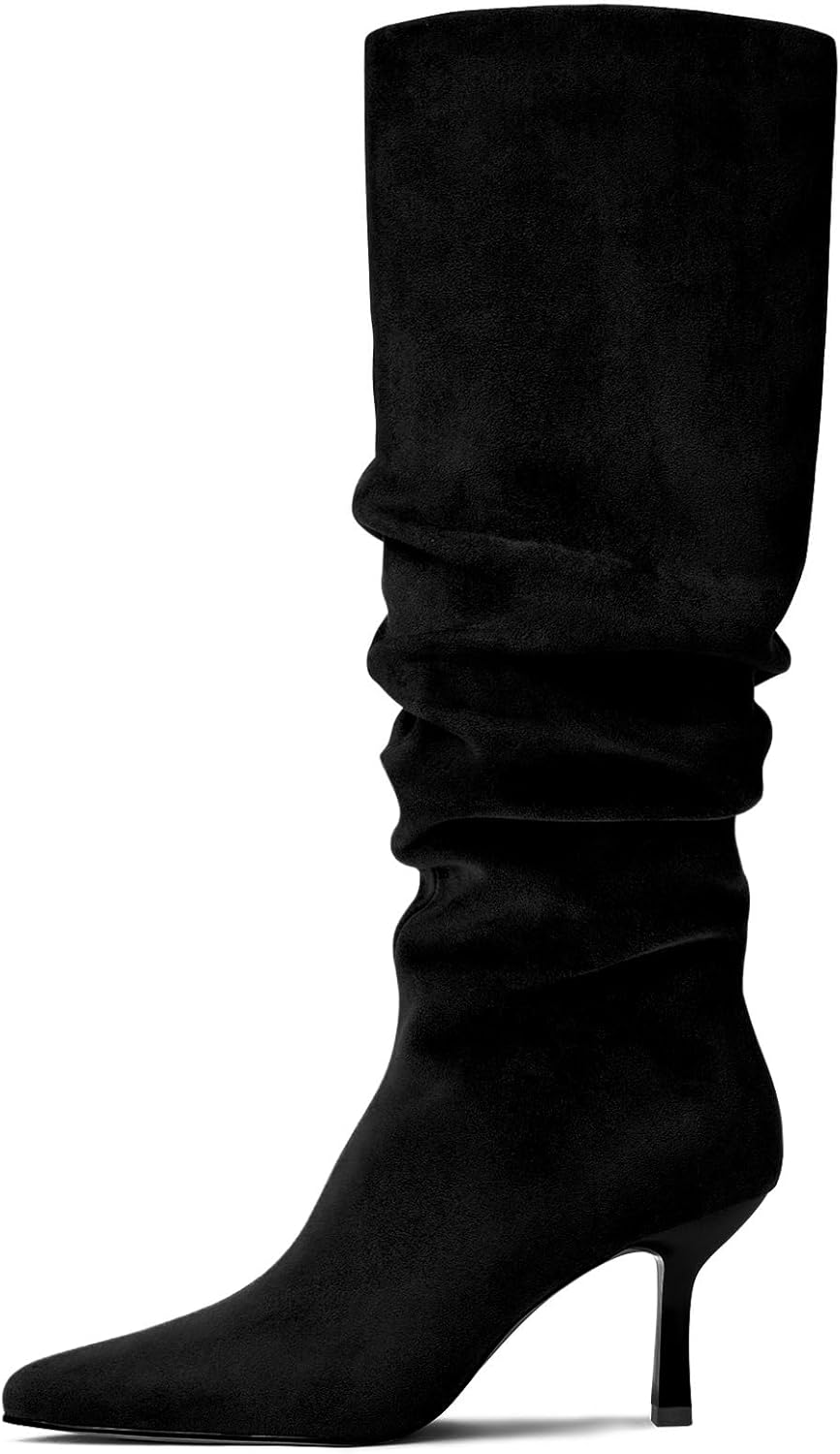 Lumeheel Knee High Boots for Women - Suede Ruched Women's Tall Boots with Pointed Toe Kitten Heel Pull On Zipper, Slouch Fashion for Fall Winter