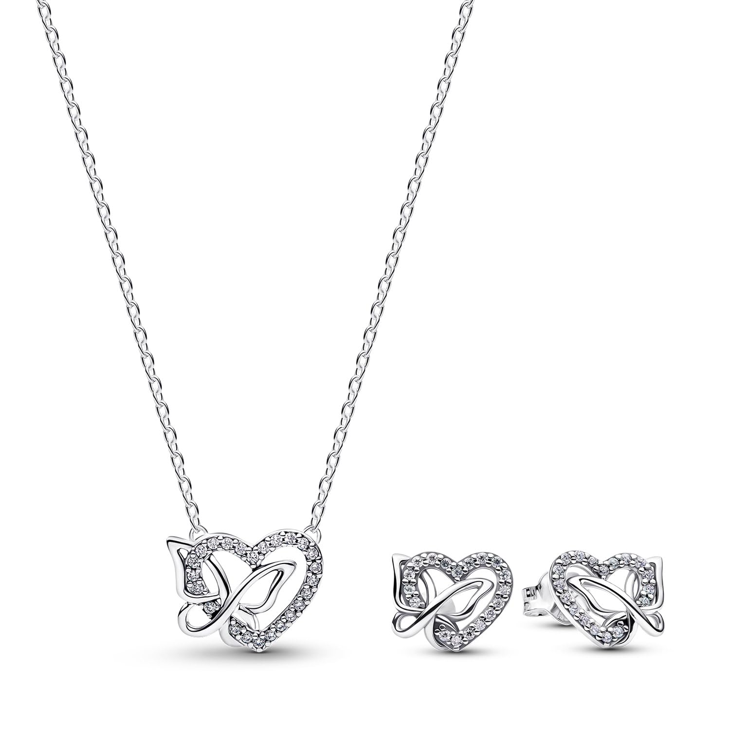 PANDORA Set di gioielli composto da collana e orecchini, cuore e farfalla intrecciati, gioielli simbolici, collana e orecchini a lobo, confezione multiprodotto n. 21781