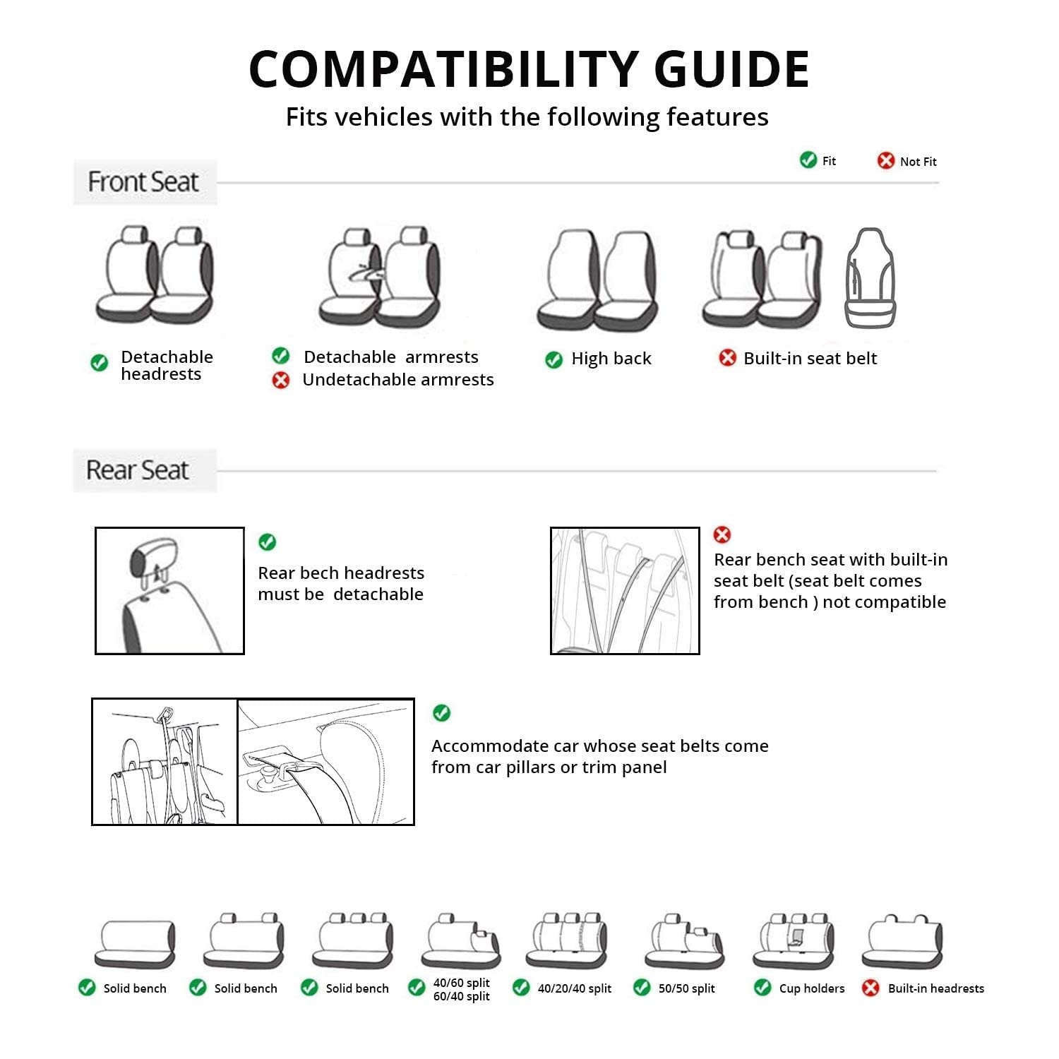 TOYOUN Classic Universal PU Leather Car Seat Covers Full Set Fit Most Cars Trucks SUVS or Vans Gray High Back Front Bucket and Rear Auto Seat Covers Set Car Seat Protector