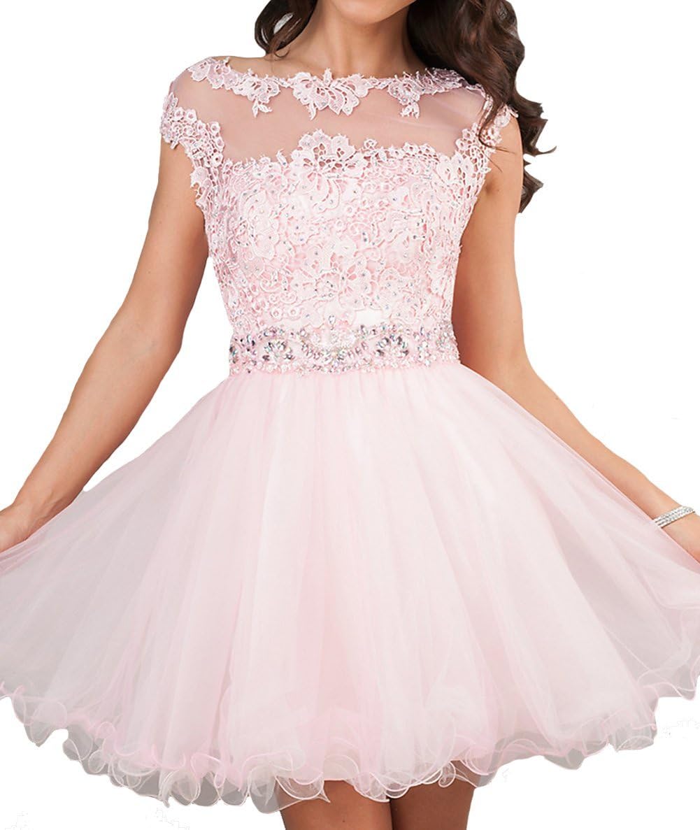 Yoghourt Women Applique Lace Short Gowns Mini Cocaktail Prom Dance Pageant Dresses 4 US Pink