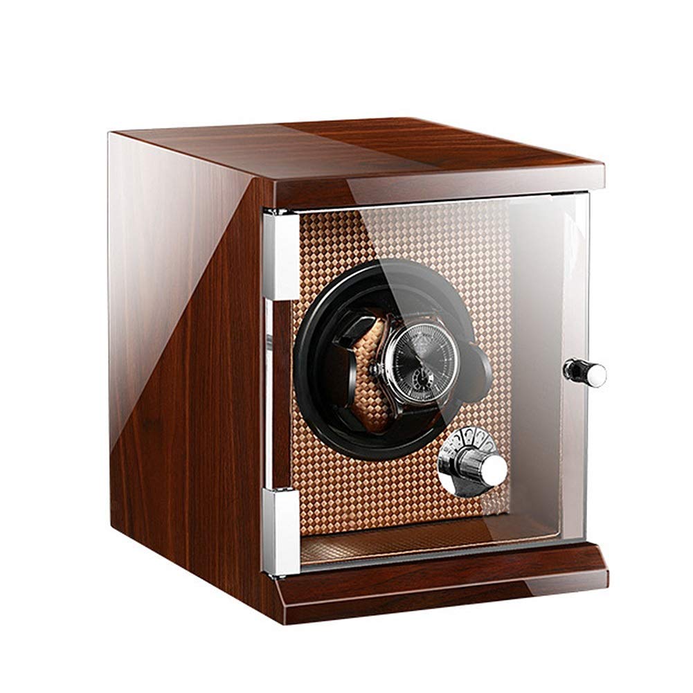 CGCSYZ Single Watch Winder Automatically Rotate With Lock Motor 5 Modes Carbon Fiber Pu Leather Piano Lacquer (Brown A)
