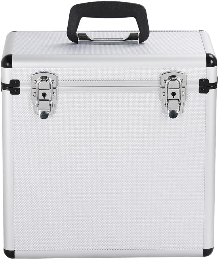 LP Storage Case 12" Vinyl Record Box Portable Aluminum DJ Box Lockable Flight Carry Case, Holds up to 50PCS, Silver