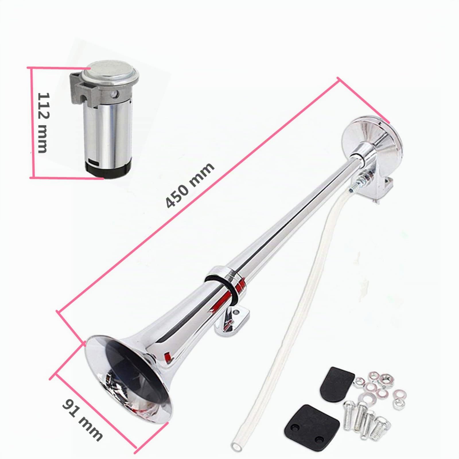 Klaxon d'Air Chrome Compresseur 150db Voiture Camion Trompette Tube Unique 45cm Zinc Argent 12V