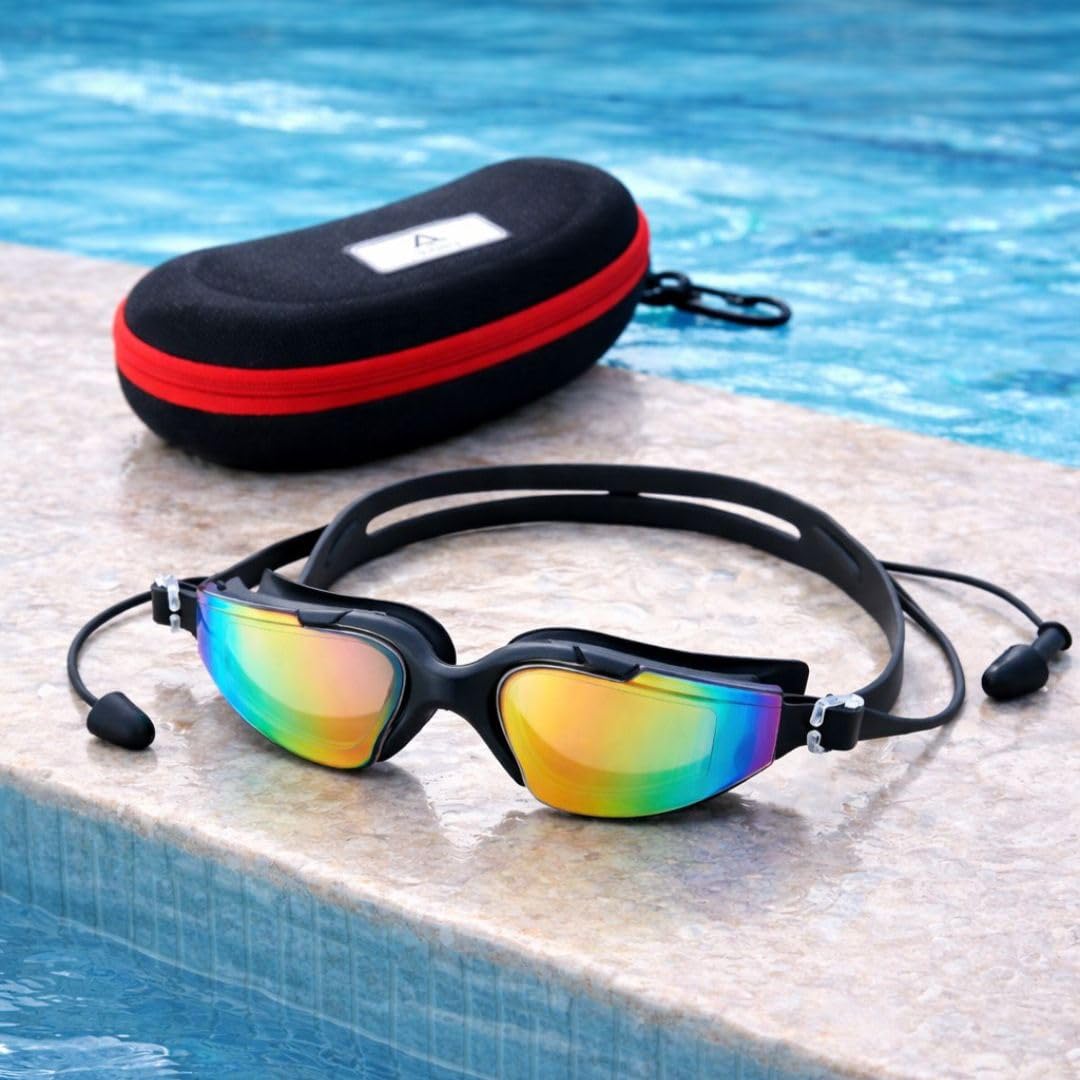 ArrowMax Swim Goggles attached earplugs, Swimming Goggles No Leaking Anti Fog UV Protection with Free Protection Case for Adult Men Women Youth Kids Child, ASG-9200 (BLACK)-image-32