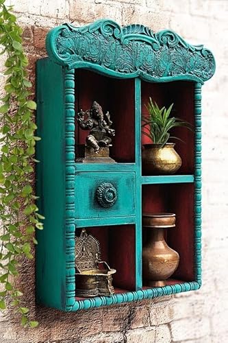 J.L.HOME DECOR Vintage Blue Hand Carved Wooden Wall Shelf Cabinet